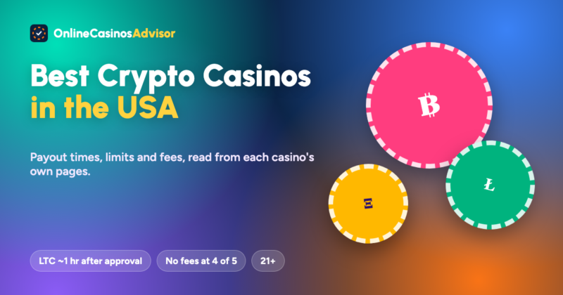 Colourful cover for the best crypto casino USA guide with Bitcoin, Litecoin and Ethereum coins and notes on payout times and fees