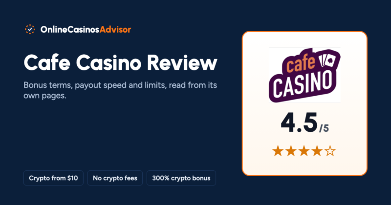 Cafe Casino review cover with the Cafe Casino logo, a 4.5 out of 5 score, and notes on fee-free $10 crypto withdrawals and a 300% crypto bonus