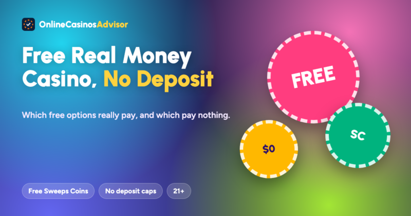 Colourful cover for the free real money casino guide showing a gift box of casino chips and notes on free Sweeps Coins, no deposit caps and demo games