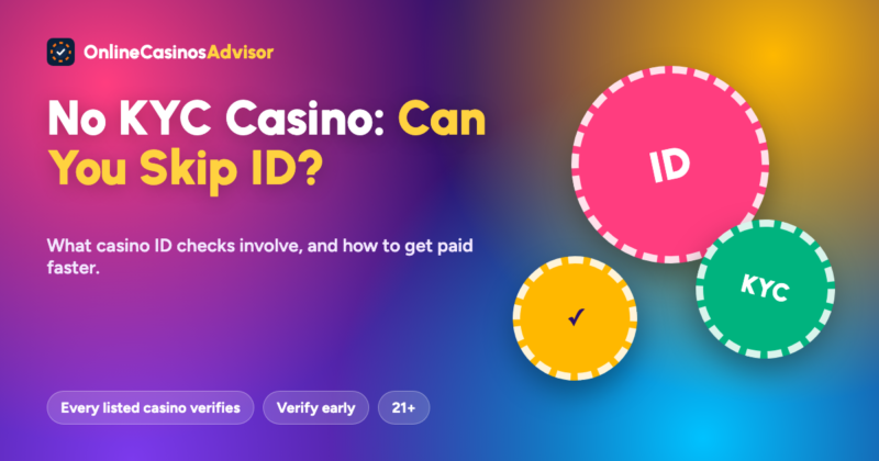 Colourful cover for the no KYC casino guide showing an ID card and a shield, with notes that every listed casino verifies ID before paying out