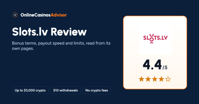 Slots.lv review cover with the Slots.lv logo, a 4.4 out of 5 score, and notes on a $3,000 crypto bonus and fee-free $10 withdrawals