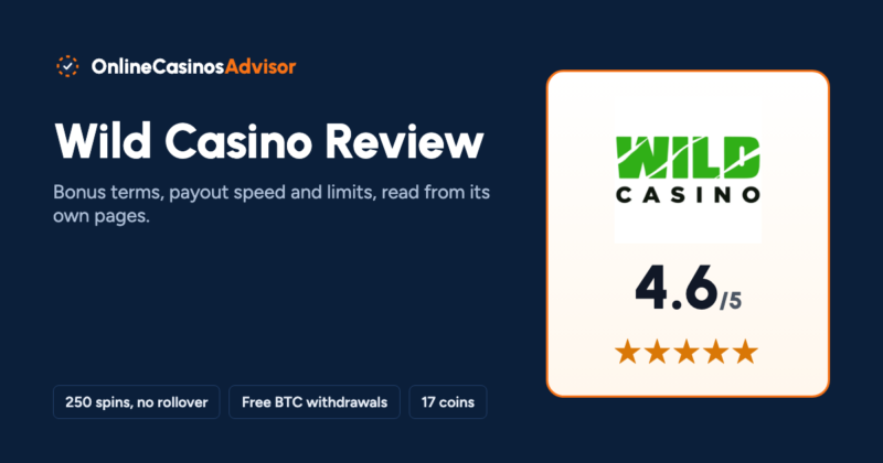 Wild Casino review cover with the Wild Casino logo, a 4.6 out of 5 score, and notes on 250 no-rollover spins, free Bitcoin withdrawals and 17 coins